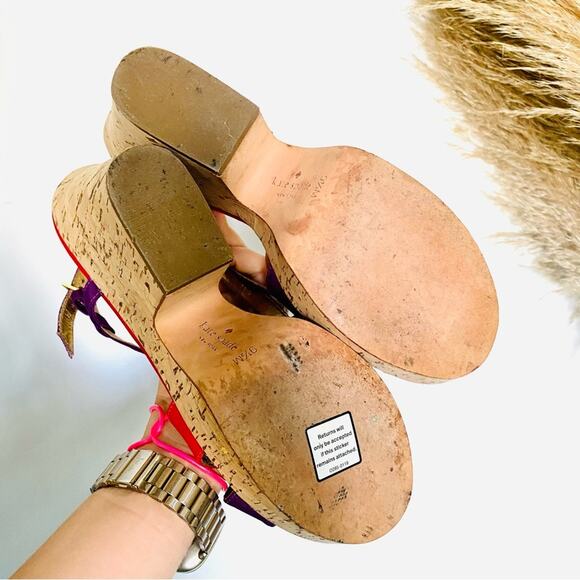 KATE SPADE Purple Red Colorblock Penny Cork Wedges Heeled Sandals Slingback 9.5 - Picture 5 of 12